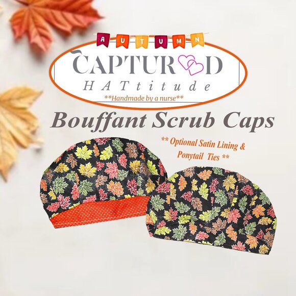 Womens Autumn Leaves Sparkle Bouffant Scrub Cap, Handmade NWOT - Picture 1 of 8